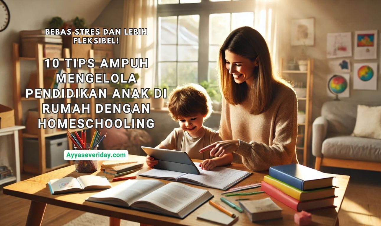 Orang tua mengajar anaknya di meja belajar di rumah, dengan buku dan materi edukasi, di ruangan yang terang dan nyaman untuk homeschooling.